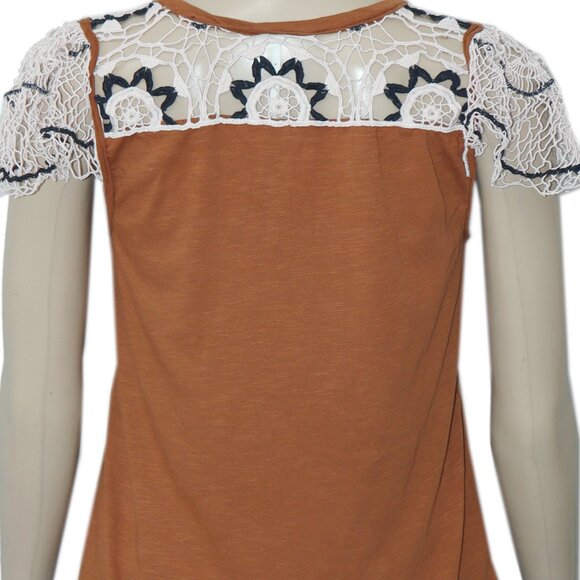 By Anthropologie Flutter Sleeve Top Crochet Embroidered Cedar S - Picture 7 of 7
